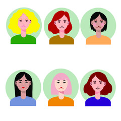 Vector set of different characters faces, avatars. Isolated. Hand drawn illustration. Hair style.