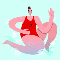 Obraz na płótnie Canvas Young curvy woman with red swimsuit dancing, cartoon style vector illustration isolated on blue background. Young and beautiful girl dancing at a beach party in swimsuit.