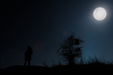 silhouette of man in front of moon and tree