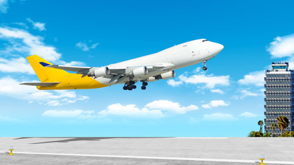 modern cargo airplane flying off airport runway wide panorama landscape against blue clouds sky background Freight jet aircraft taking off Airport overview with cargo plane