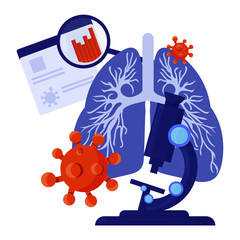 Fototapeta na wymiar Virus Pneumonia study icon. Coronavirus, microscope and lungs.