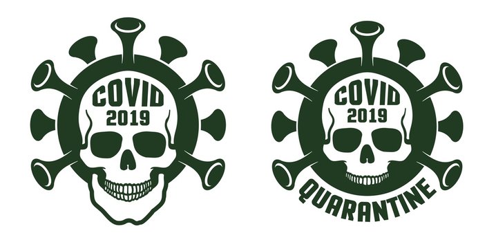 Coronavirus quarantine - skull icon in print style. Death virus logo. Viral infection emblem. Vector illustration.