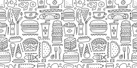 Fast food collection. Hamburger pizza sausages snacks sandwich ice cream. Food menu, seamless pattern for your design. Coloring page