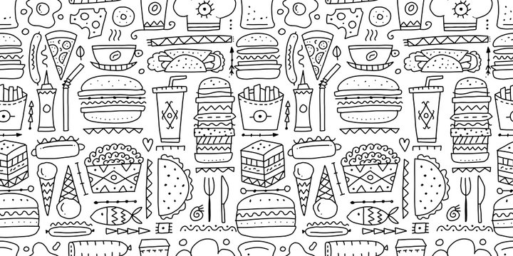 Fast food collection. Hamburger pizza sausages snacks sandwich ice cream. Food menu, seamless pattern for your design. Coloring page