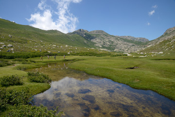 Fototapeta na wymiar randonnée et randonneurs dans la montagne - Corse