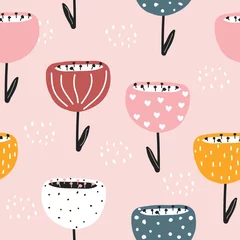 Meubelstickers Seamless pattern with big cute flowers. Childish summer print. Vector hand drawn illustration. © bilaaa