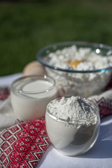 Fresh homemade cottage cheese, milk and eggs. Ingredients for cottage cheese pancakes with oats. Dairy products. Healthy breakfast.