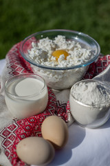 Fresh homemade cottage cheese, milk and eggs. Ingredients for cottage cheese pancakes with oats. Dairy products. Healthy breakfast.