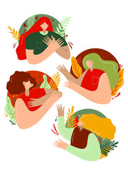 Feminine concept illustration, beautiful woman, flowers, and background of leafy plants. T-shirt print design. Hand drawn illustration. Cute woman’s set.