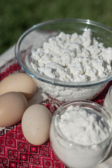 Fresh homemade cottage cheese, milk and eggs. Ingredients for cottage cheese pancakes with oats. Dairy products. Healthy breakfast.