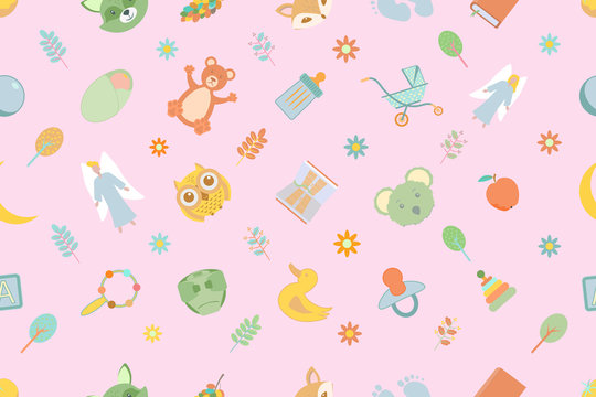 Stylish seamless pattern with funny cartoon animals on a pink background. Colorful vector illustration.