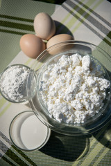 Fresh homemade cottage cheese, milk and eggs. Ingredients for cottage cheese pancakes with oats. Dairy products. Healthy breakfast.