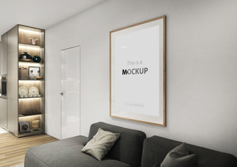 Minimalistic sofa with a picture in the frame. 45 degree view.