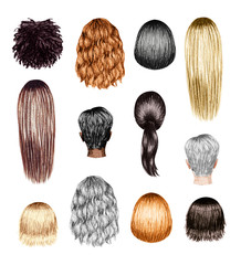 Watercolor set of woman hairstyles isolated on white.