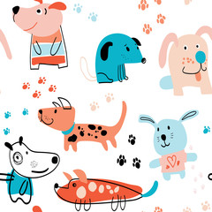 Childish seamless pattern with hand drawn dogs.