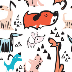 Childish seamless pattern with hand drawn dogs