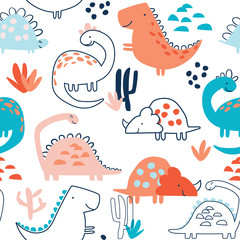 Childish seamless pattern with hand drawn dino