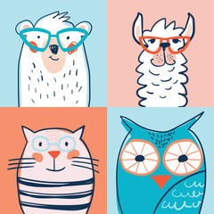 Set of cute faces of cat, bear, owl, llama