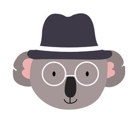koala in a hat and glasses.Vector illustration isolated on white background. Flat style. Tropical animal in a blue hat, with a smile. Use for prints, posters, desk illustrations.