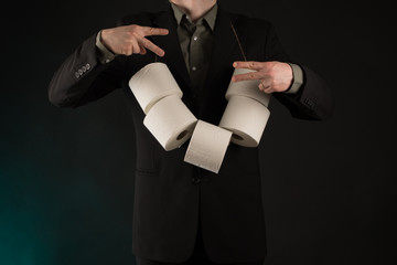 Toilet paper Memes. Business man wearing necklace made of toilet paper point, gangster gestures