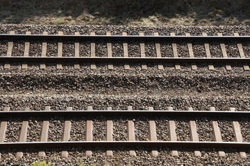 Railway rails and sleepers. Railway tracks shot from above