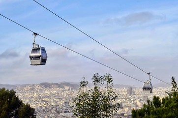 cable car in the panoramic view of barceloa city