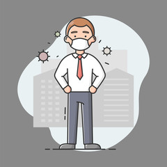 Coronavirus Concept. Man In Protective Mask On The Cityscape In Smog Background. Character In Medical Face Mask for Preventing Virus Covid19. Cartoon Linear Outline Flat Style. Vector Illustration