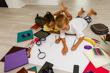 Covid-19 Coronavirus and Learning from home, Home school kid concept. Little children study online learning from home with laptop. Quarantine and Social distancing concept.