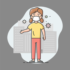 Coronavirus Concept. Woman In Protective Mask On The Cityscape Background In Smog. Girl Wearing Protective Mask for Prevent Dangerous Virus Covid19. Cartoon Linear Outline Flat Vector Illustration