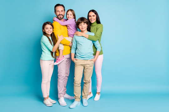 Full Length Body Size View Of Nice Attractive Lovely Adorable Tender Sweet Gentle Cheerful Cheery Family Teenage Hugging Growing-up Isolated On Bright Vivid Shine Vibrant Blue Color Background