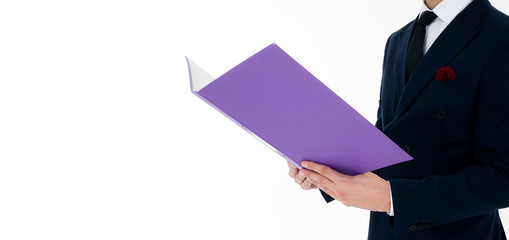 Caucasian adult businessman holding and reading document folder about term and condition contract or work information interview deal on paper from startup company isolated on white background