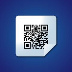 Realistic qr code black icon. Qr label sticker. Vector illustration isolated on blue background.