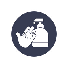 handwashing concept of soap bottle and hand icon, block style