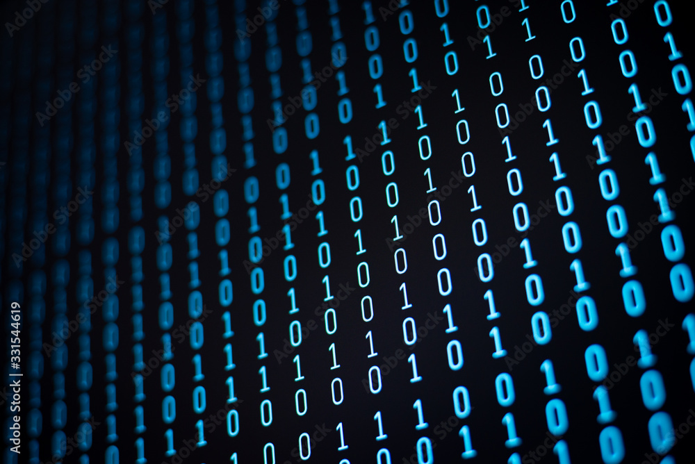 Poster blue ones and zeros in rows on computer screen. data, information
