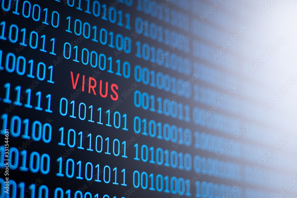 Poster binary code with virus on computer screen. concept of security, cyber attack, spyware, malware