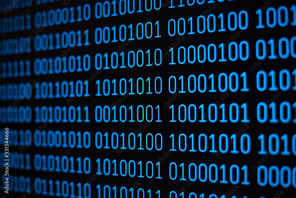 Poster binary code on monitor. concept of data and information