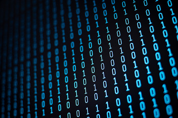 Blue ones and zeros in rows on computer screen. Data, information