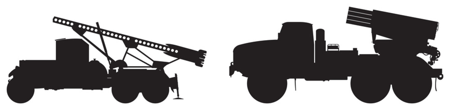 Army multiple rocket launcher Katyusha (WW2 times) and Grad (combat used in Sino-Soviet, Afghan, Angola, Ossetia, Donbass, Libya, Syria and other armed conflicts), MLR weapon system vector silhouettes