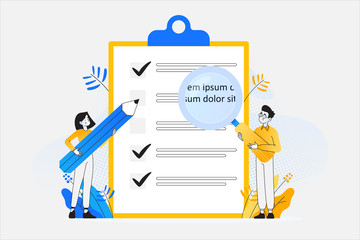 To do list and planning checklist concept. Young people holding giant magnifier and pencil, checking on paper to do list, daily task or agreement, vector illustration