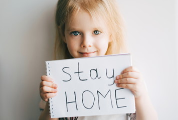Quarantine. Corona virua. Poster stay at home. Covid 19. Little girl protect stay home. 