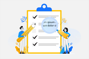 To do list and planning checklist concept. Young people holding giant magnifier and pencil, checking on paper to do list, daily task or agreement, vector illustration