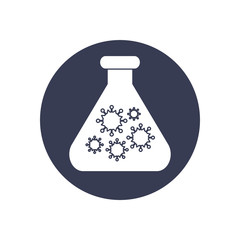 lab flask with virus symbols icon, block style