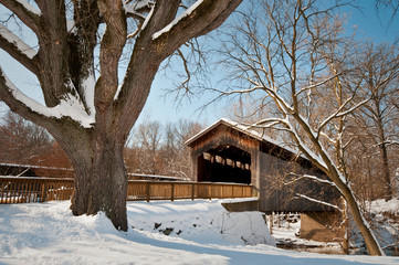Wintertime at the historic Ada Covered Bridge in Kent County, Michigan.