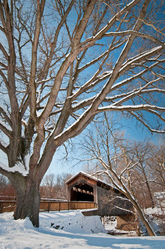 Wintertime At The Historic Ada Covered Bridge In Kent County, Michigan.