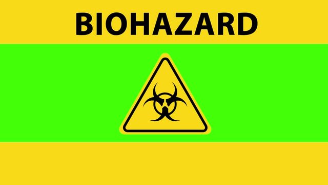 Yellow biohazard warning with biohazard sign in triangle and caution text on green for chroma key.