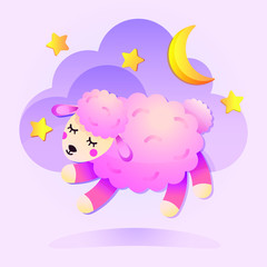 Cute Sheep Vector Illustration. Sleepy Lamb with clouds moon and stars for children product designs. Cute baby animal concept.
