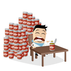 funny asian cartoon man has to eat all the canned beans he bought in panic