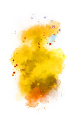 Watercolor painted background with blots and splatters. Brush stroked painting. 2D Illustration.