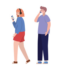 Boy and girl with smartphones vector design