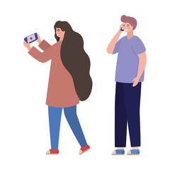 Girl and boy with smartphones vector design